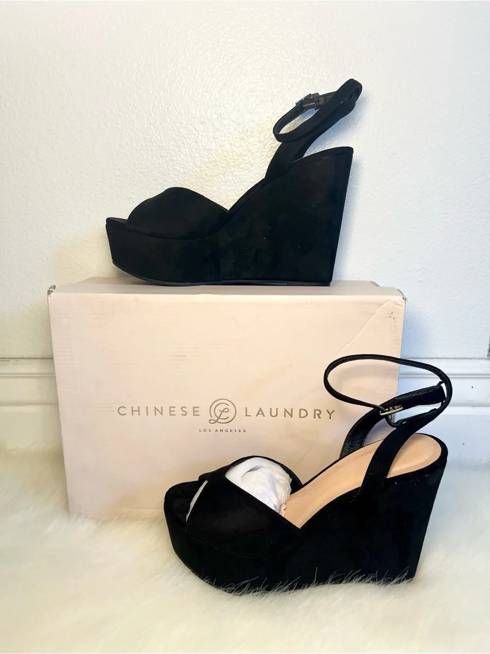 Chinese Laundry Ellia Black Suede Wedge Sandals with Ankle Strap